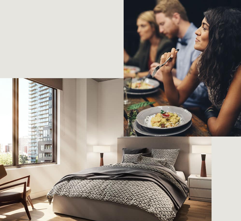 double picture of a woman eating with friends and a unit bedroom with large windows and a bed