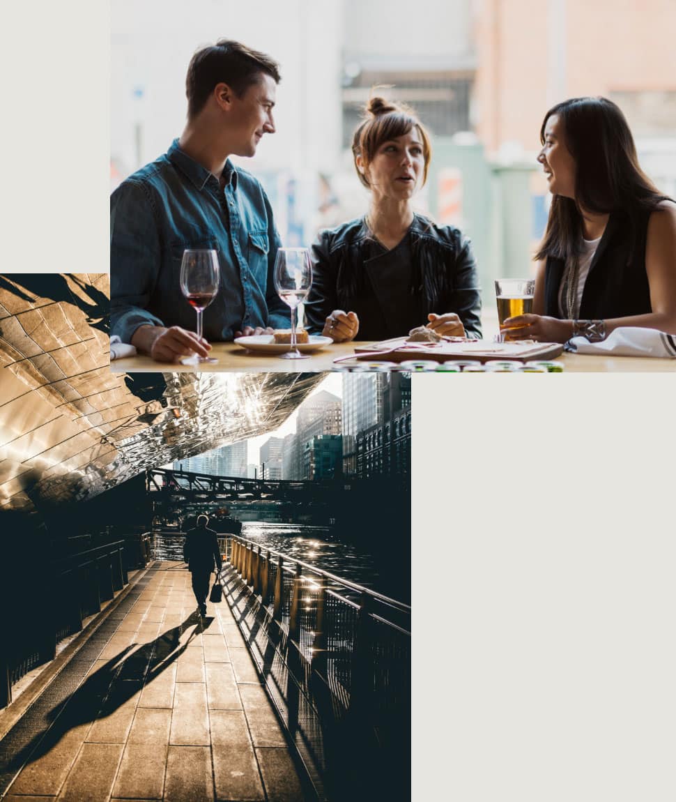 double picture of three friends talking around table with drinks and someone walking along the chicago river under the bridge