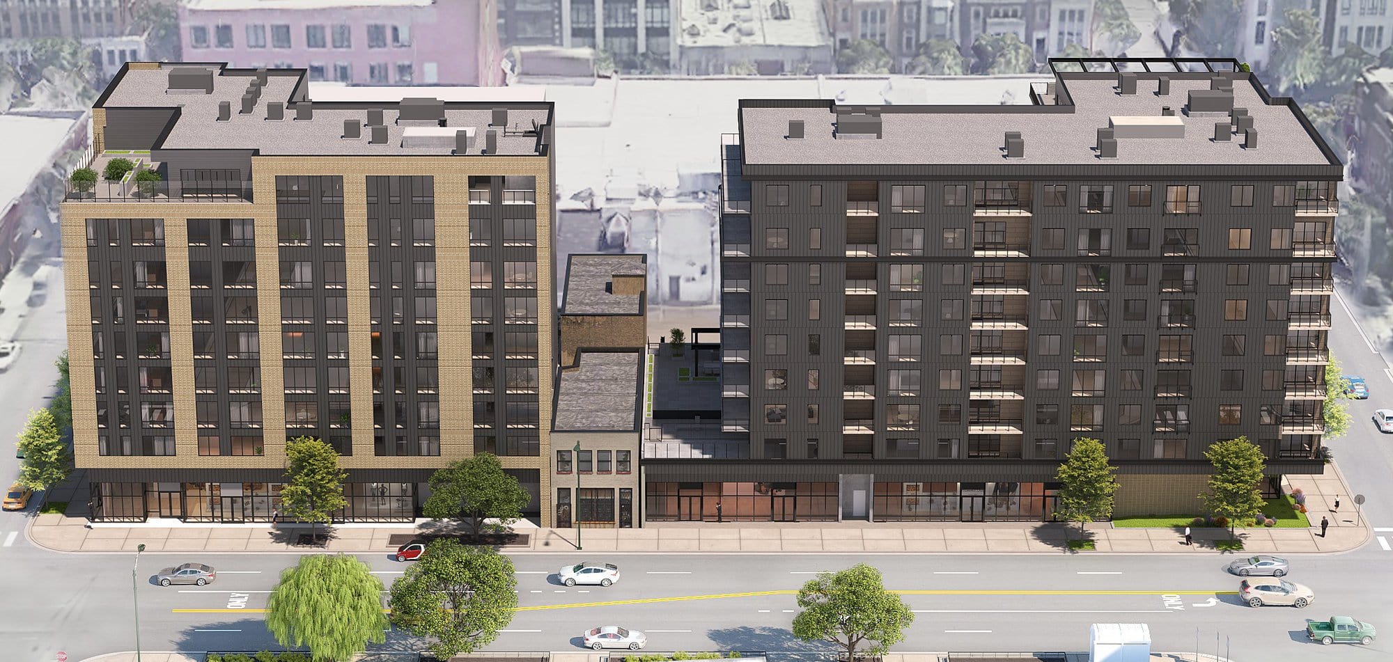 Rendering of both buildings from Chicago Avenue
