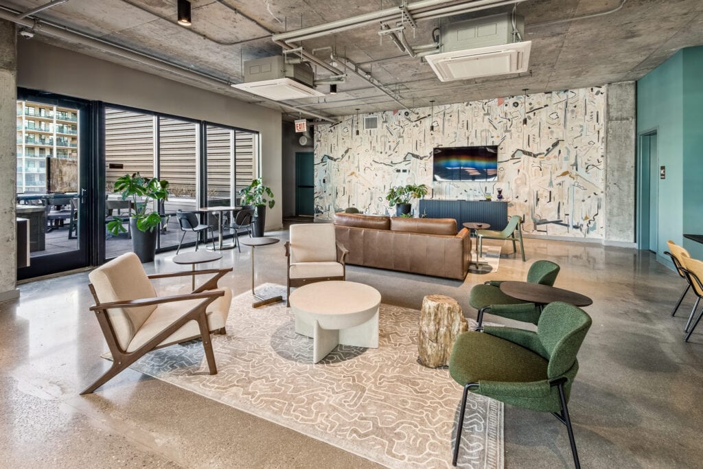 Apartment lobby with lounge seating and modern decor